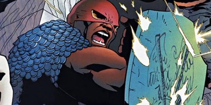Josiah X using his version of a Captain America shield to deflect bullets.