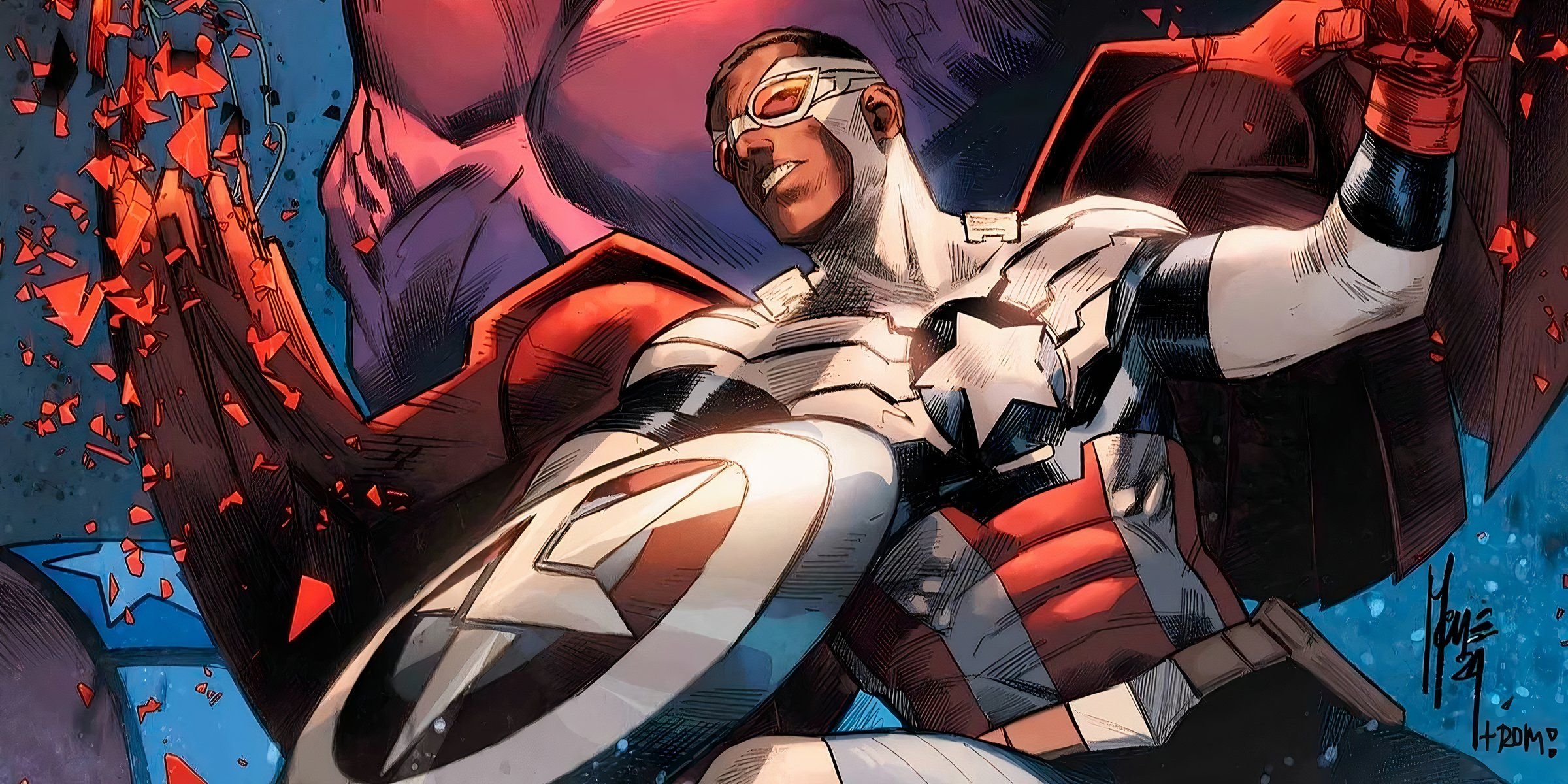 Captain America Sam Wilson&rsquo;s metallic wing is shattered in battle.