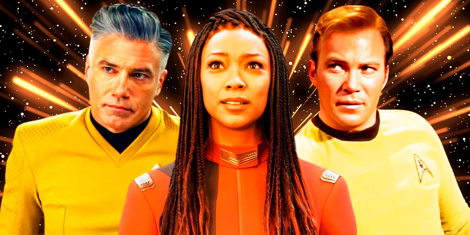 Captain Kirk (William Shatner) from Star Trek TOS, Captain Burnham (Sonequa Martin-Green) from Discovery, & Captain Pike (Anson Mount) from Strange New Worlds