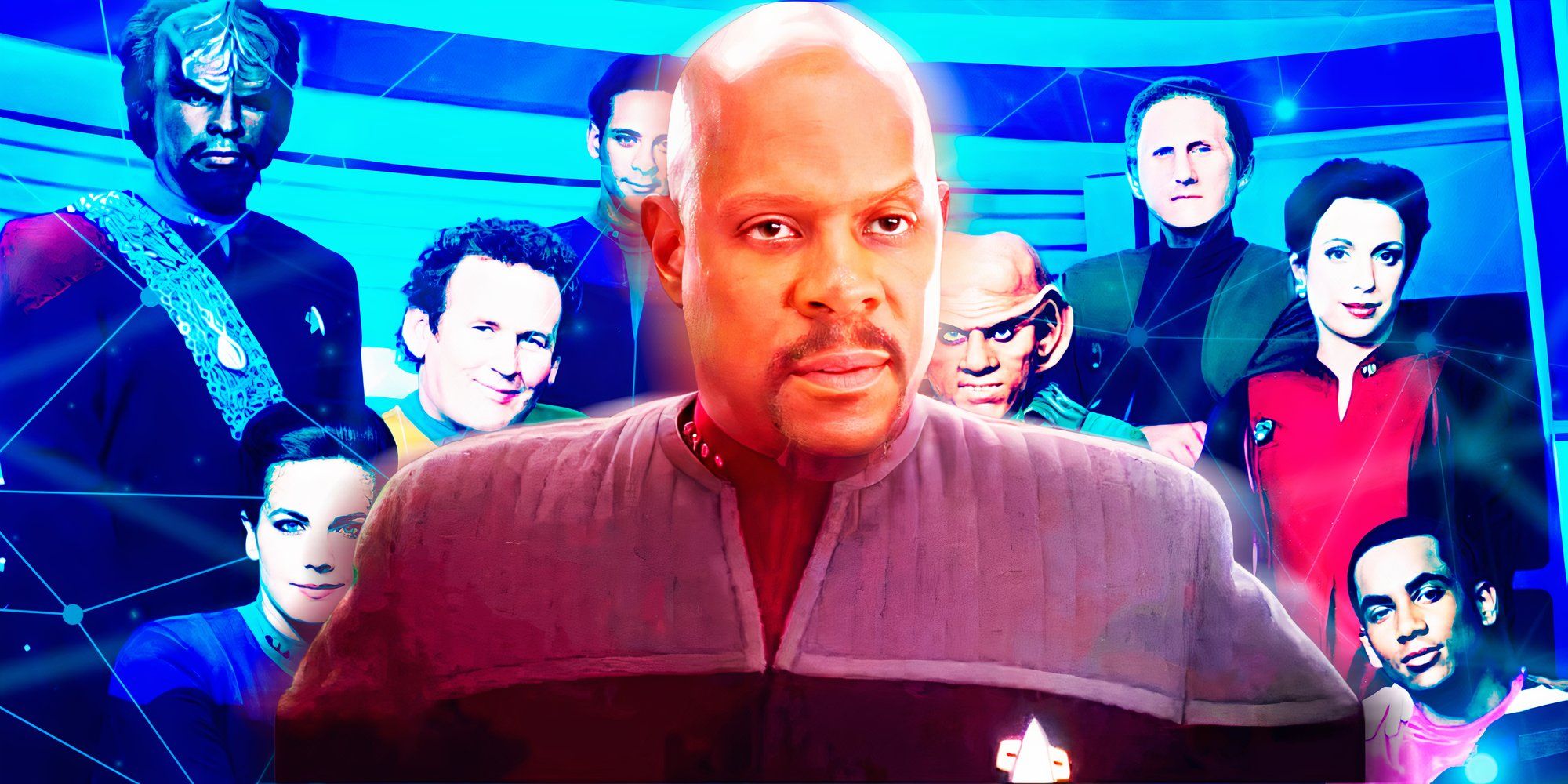 Captain Sisko (bald goatee) and the cast of Star Trek Deep Space Nine