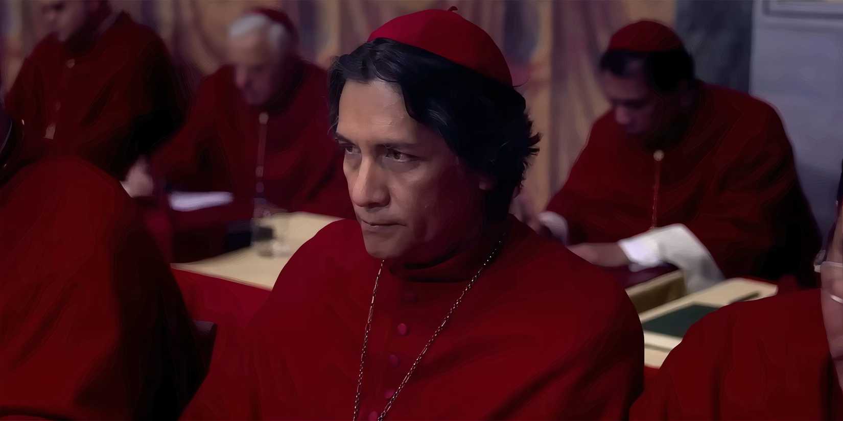 Carlos Diehz as Vincent Cardinal Benitez looking ahead intently in Conclave