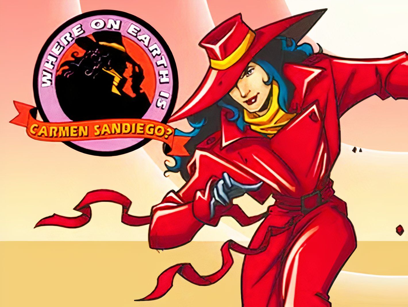 Carmen Sandiego correndo, ao lado do logotipo de 'Where in the World'