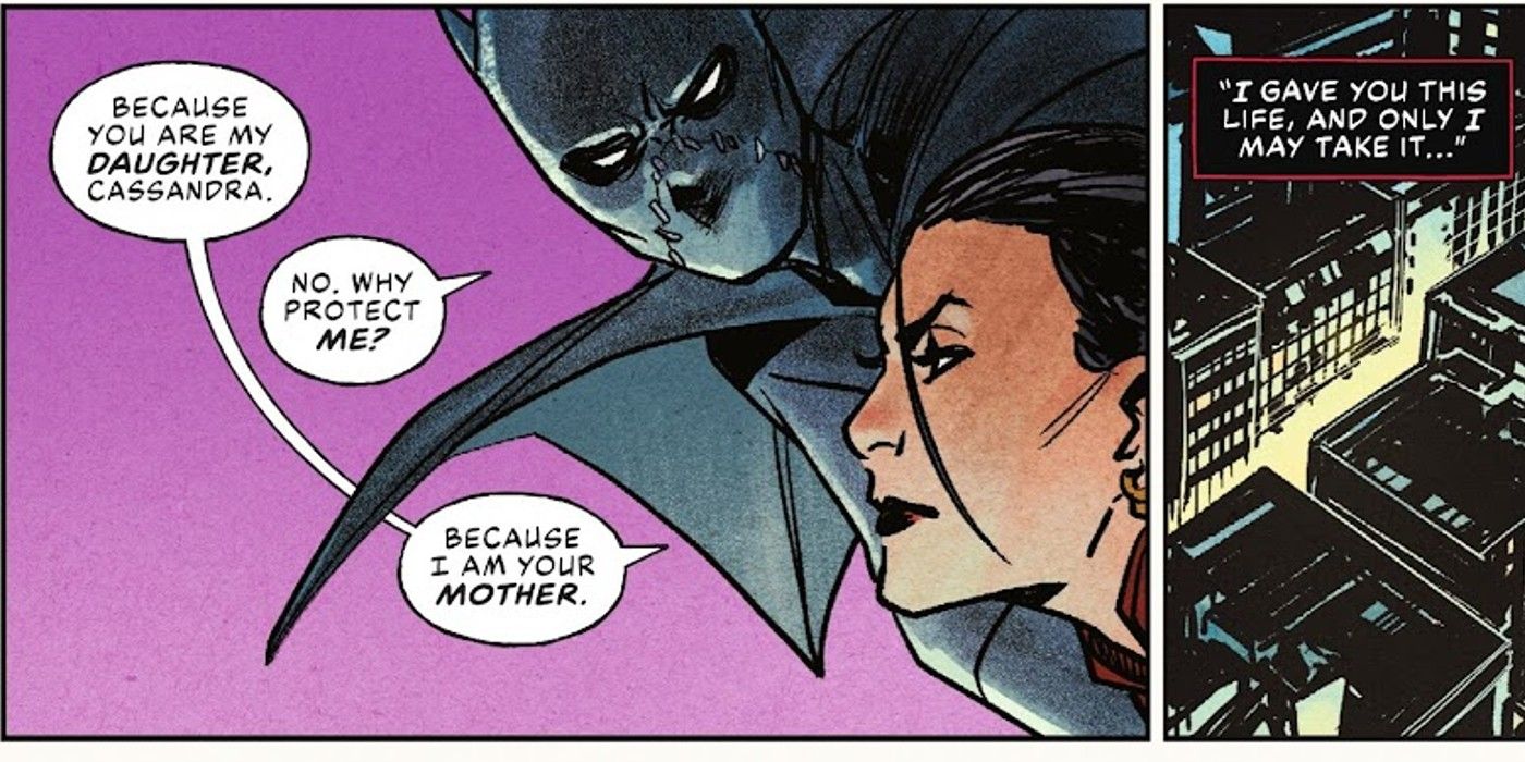 Paneles de cómic: Cassandra Cain camina por Gotham City con Lord Shiva en brazos.