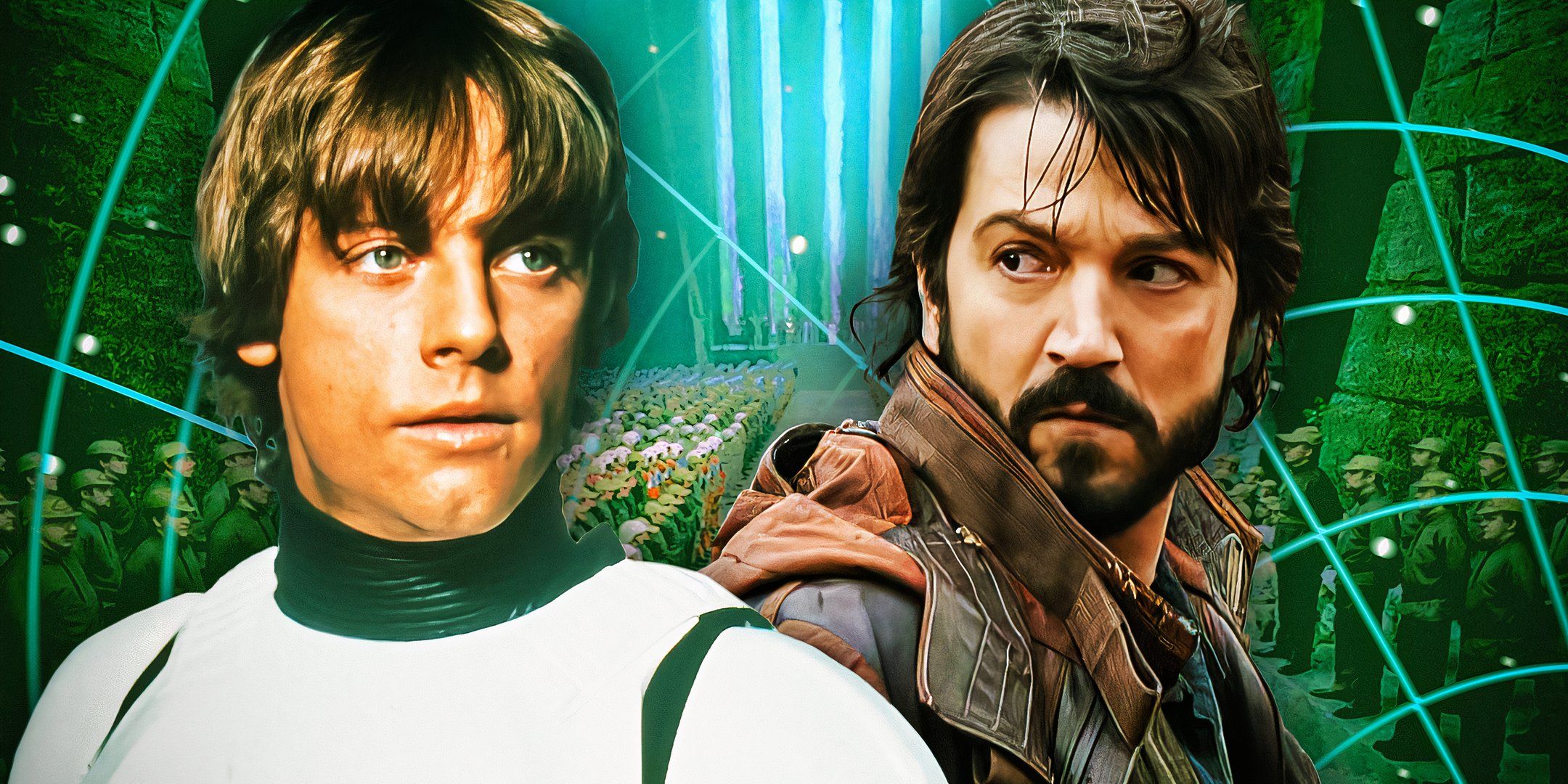 Luke Skywalker (Mark Hamill) wearing his stormtrooper disguise in A New Hope, edited with Cassian Andor (Diego Luna) looking over his shoulder in Andor season 1. They're both edited over the A New Hope medal ceremony.