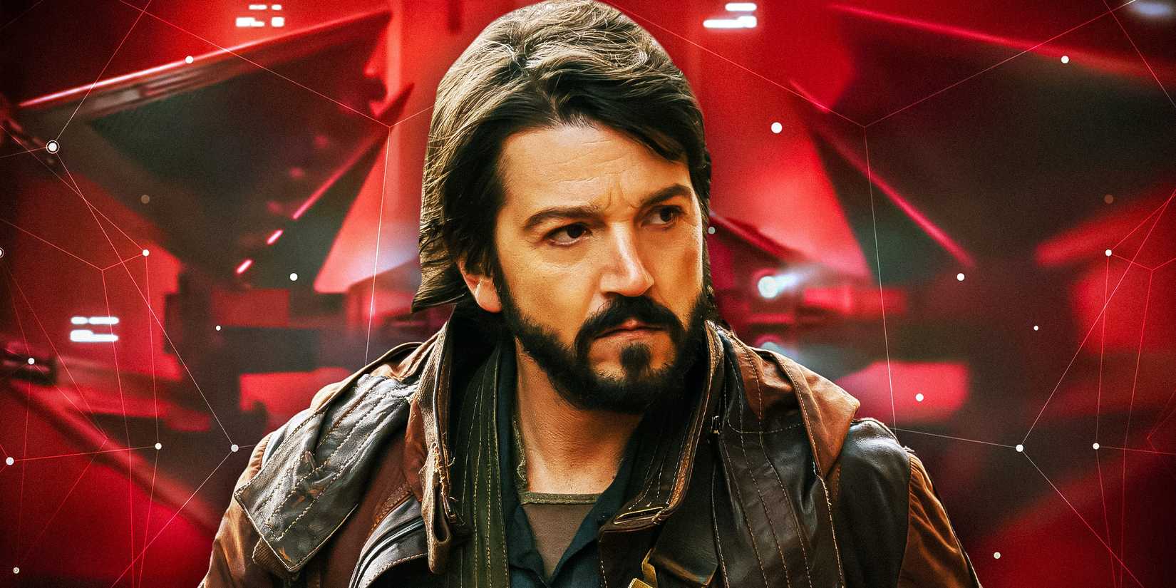 Cassian Andor from Andor in front of an image of the TIE Avenger in a red hue in the background