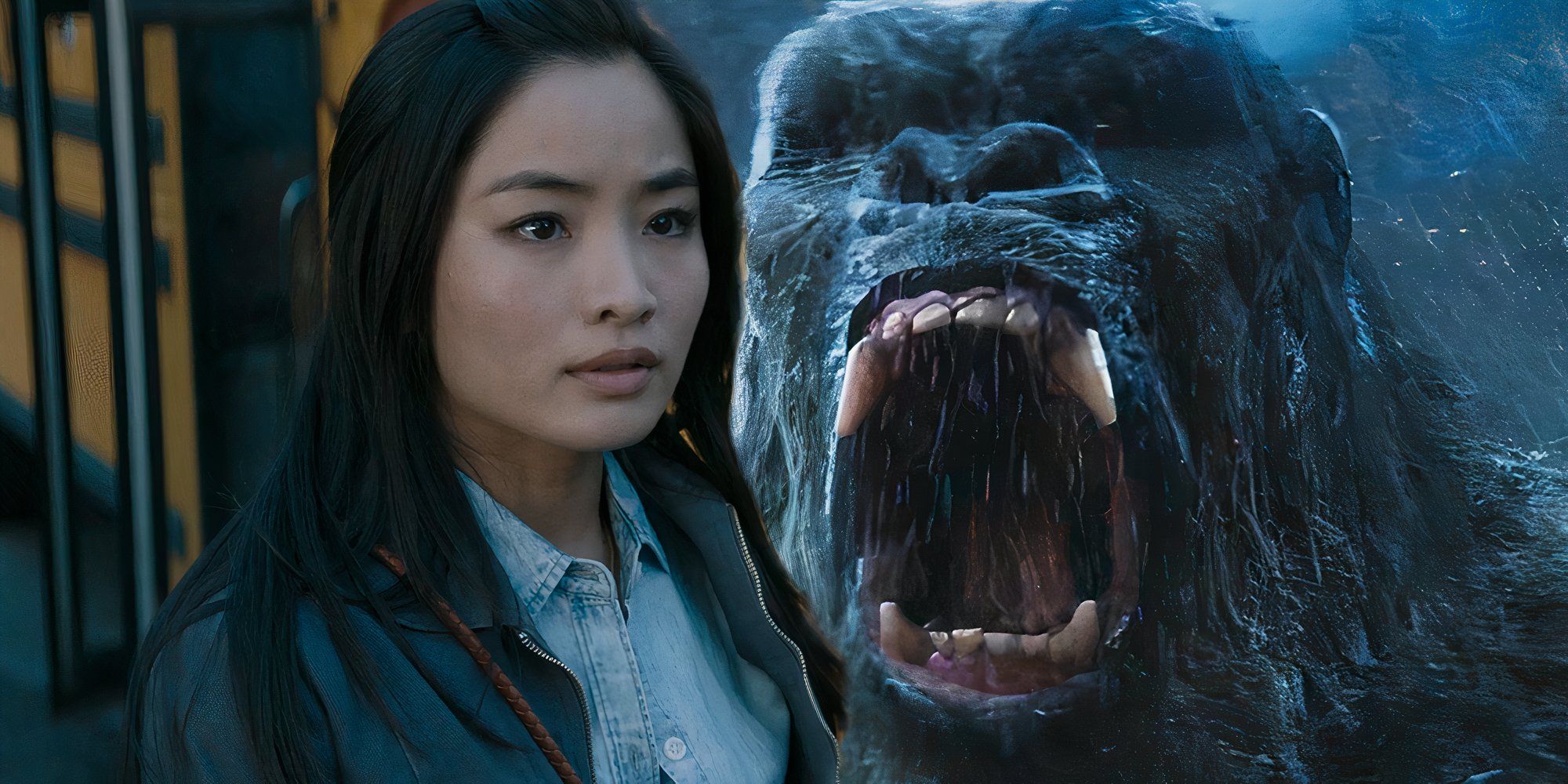 Cate in front of a bus next to Kong roaring in Monarch Legacy of Monsters