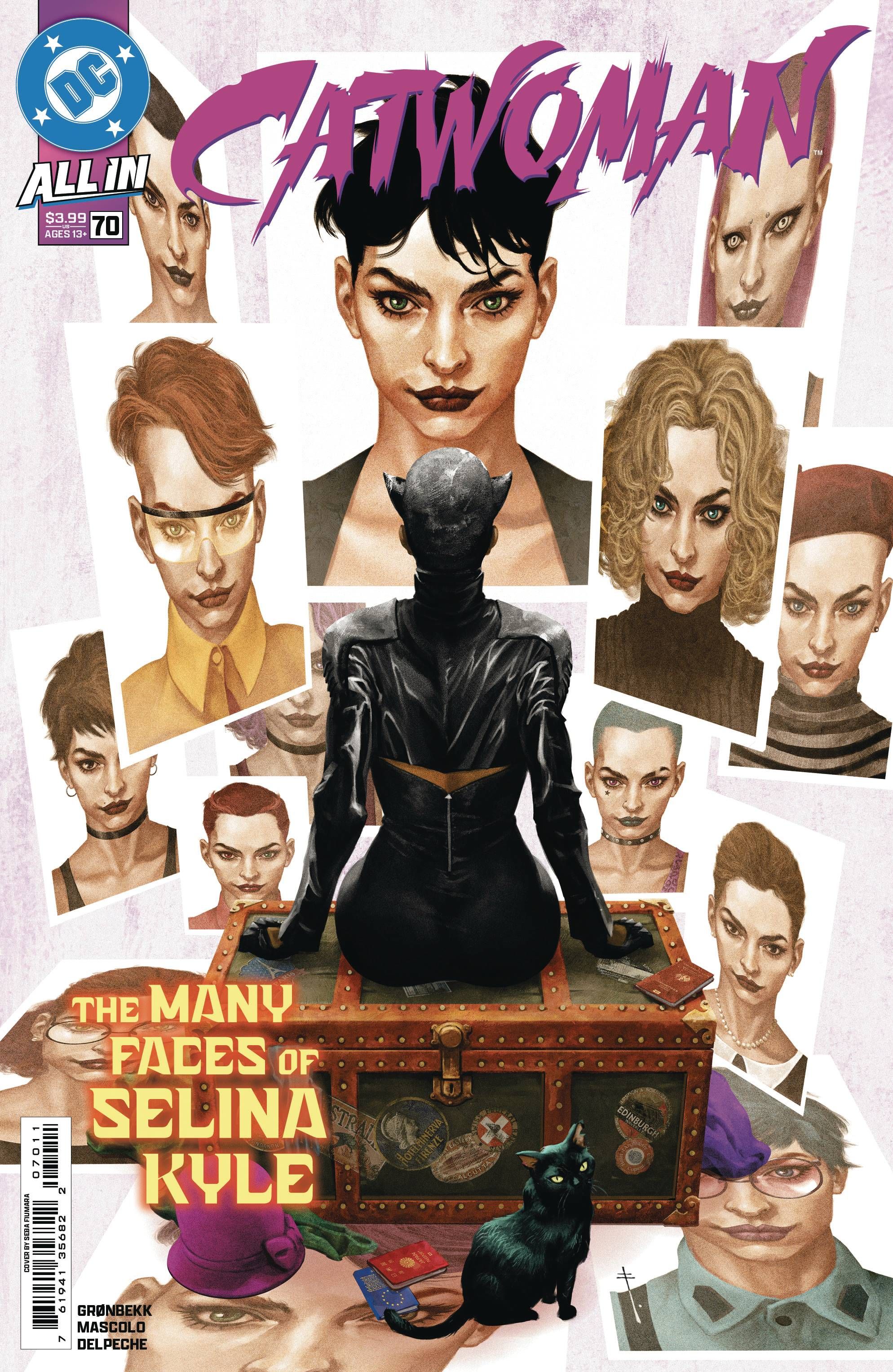 Capa de quadrinhos: A Mulher-Gato Selina Kyle olha fotos dela mesma em diferentes disfarces.