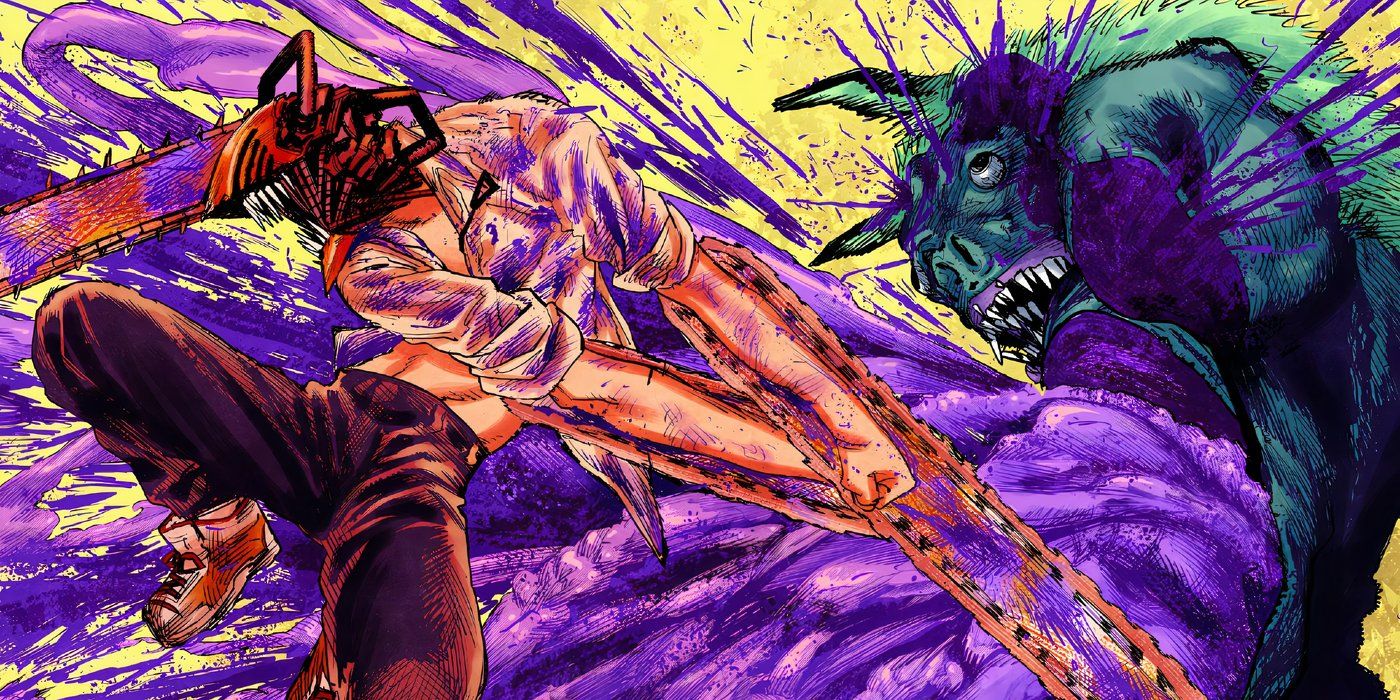 Denji cortando o demônio morcego em uma edição do mangá colorido Chainsaw Man.