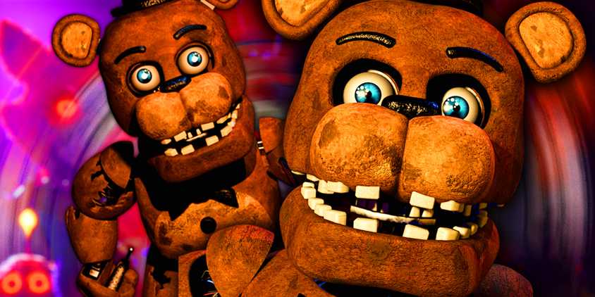 Two images of a looming Freddy Fazbear from FNAF