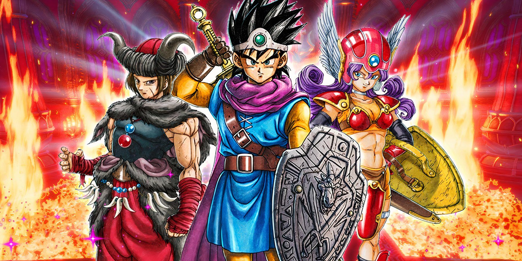 Characters from Dragon Quest 3 HD-2D Remake with fire