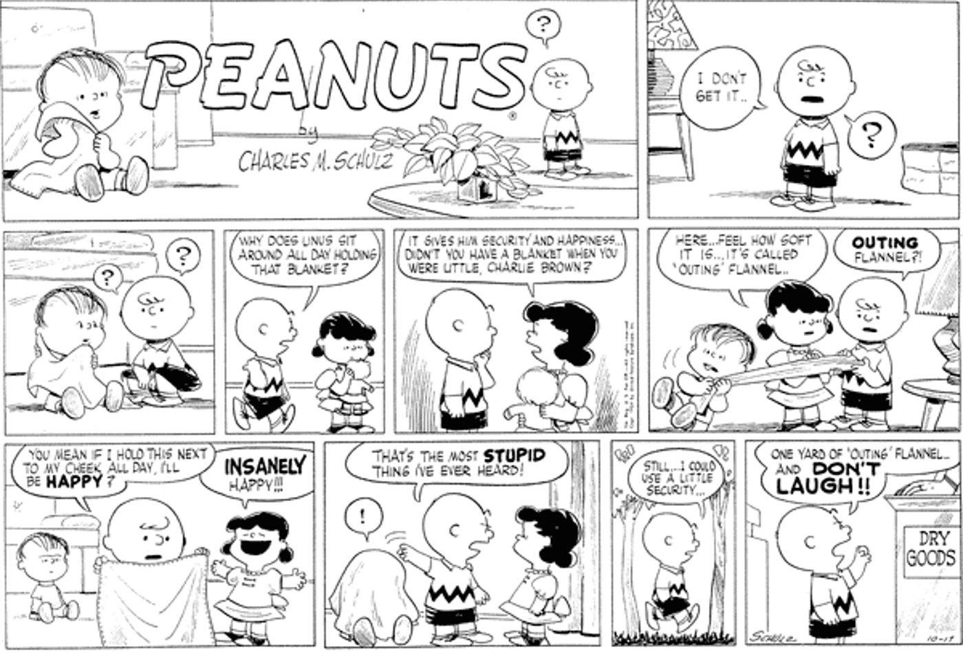 Tira de maní: Charlie Brown le pregunta a Lucy sobre la manta de seguridad de Linus.