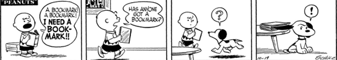 Tira de Peanuts: Snoopy es el marcapáginas de Charlie Brown.