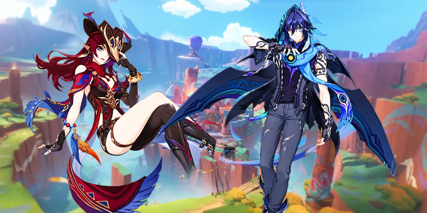 Chasca and Ororon in front of a vista of a Natlan ravine in Genshin Impact.