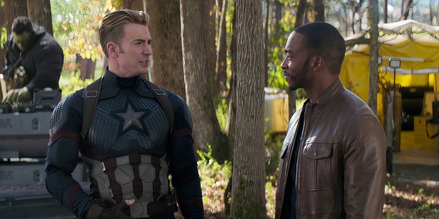 Chris Evans' Steve Rogers in his Captain America uniform talking to Anthony Mackie's Sam Wilson at the end of Avengers Endgame (2019)