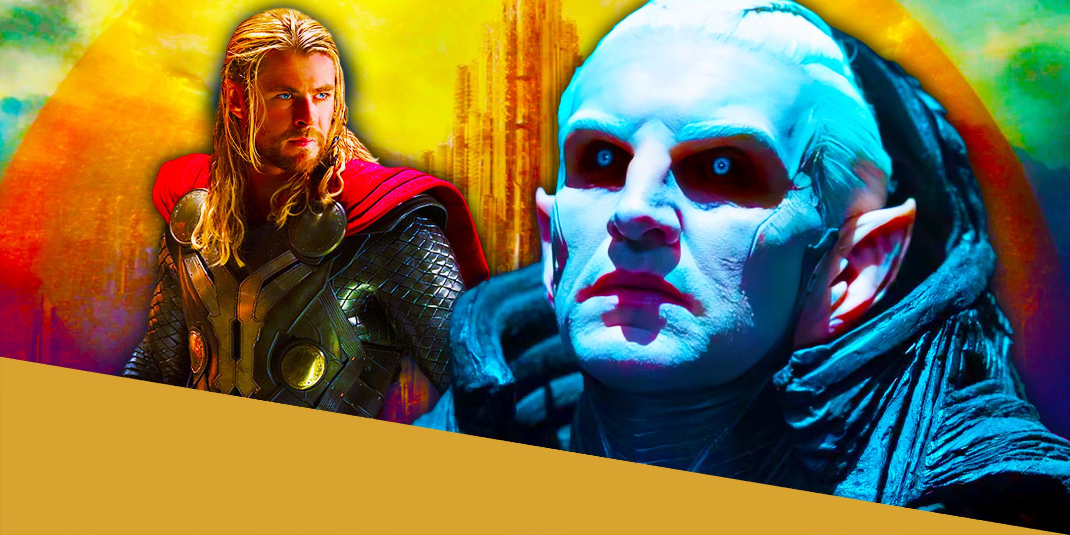 Chris Hemsworth as Thor and Christopher Eccleston as Malekith in Thor the Dark World in Front of Asgard