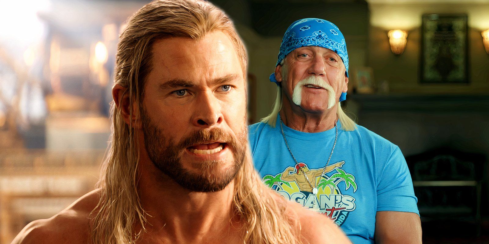 Chris Hemsworth as Thor angry in Love and Thunder and the real Hulk Hogan speaking in a documentary