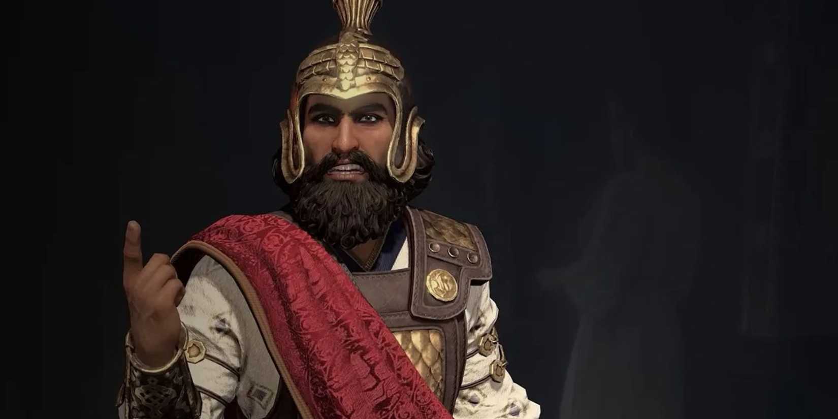 Xerxes pointing a finger while wearing armor in Civilization 7.