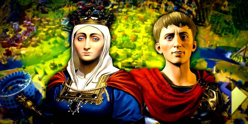 Augustus and Isabella from Civilization 7 with a backdrop of Civ 7 gameplay.
