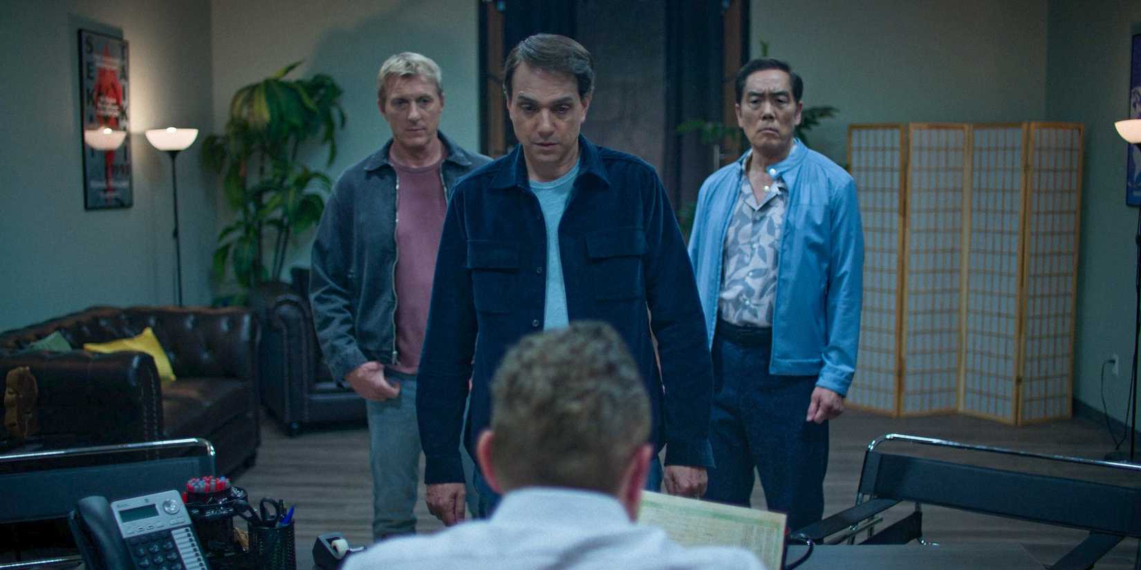 Johnny Lawrence (William Zabka), Daniel LaRusso (Ralph Macchio) and Chozen (Yuji Okumoto) looking furious in Cobra Kai Season 6 Ep 10