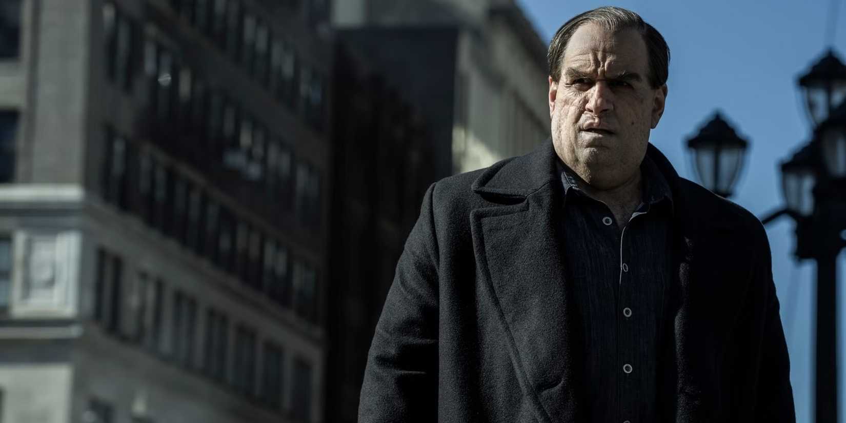 Colin Farrell as Oz Cobb on the streets of Gotham in The Penguin