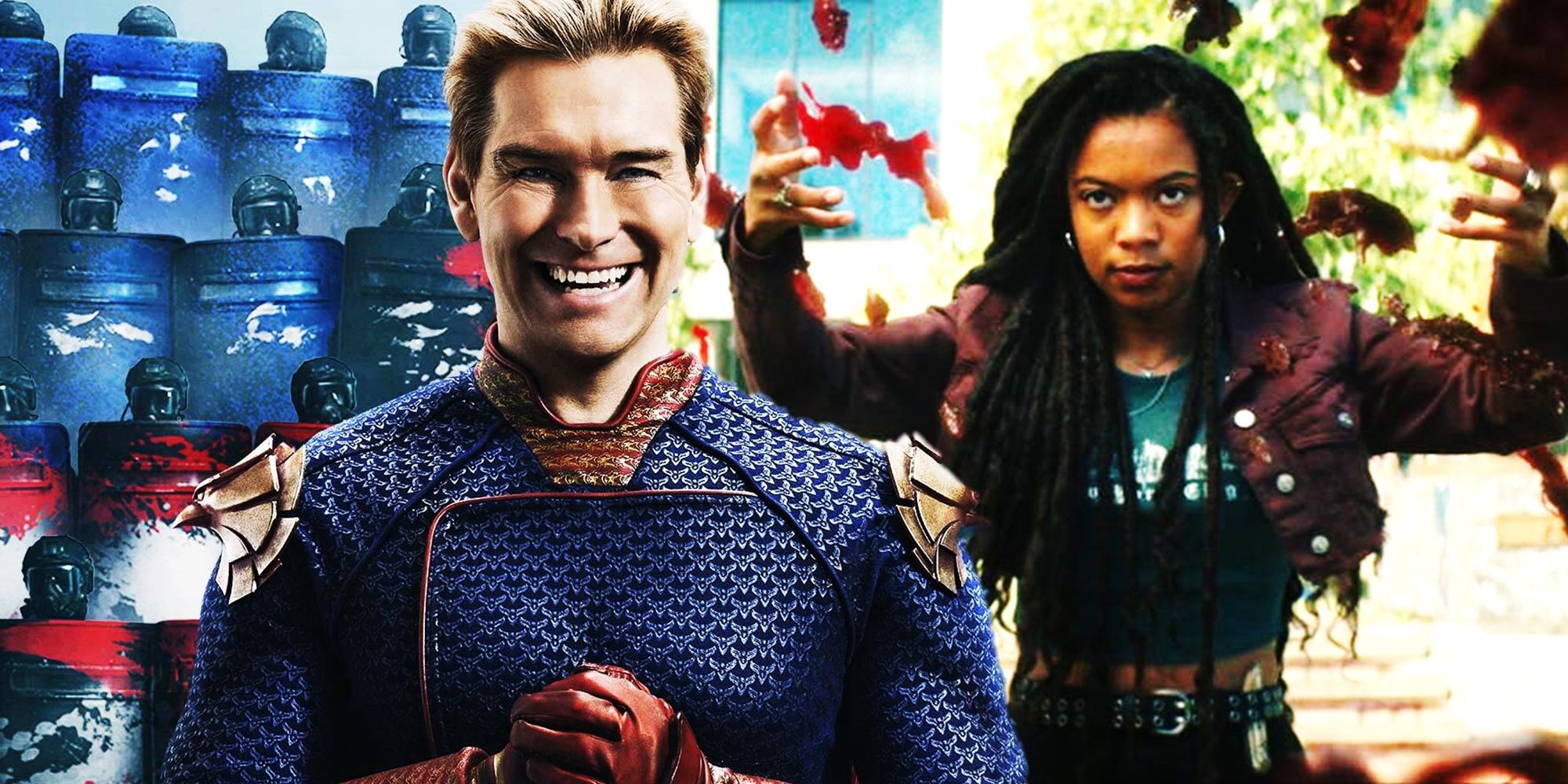 Collage of Homelander in The Boys and Marie in Gen V