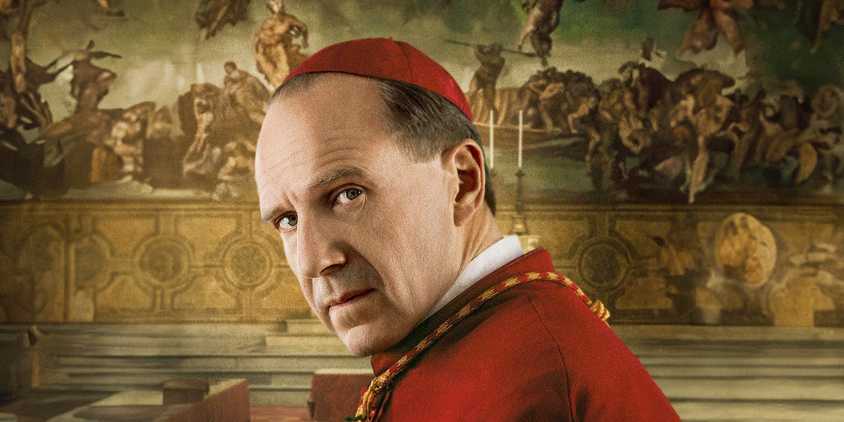 Ralph Fiennes looking over his shoulder in Conclave