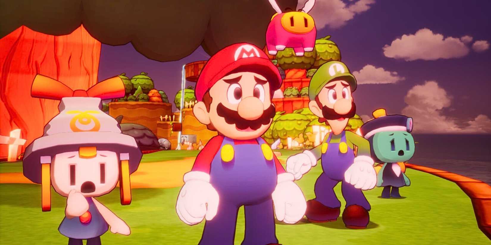 Connie, Mario, Luigi, Snoutlet, and Arc looking scared at something in the distance in Mario & Luigi: Brothership