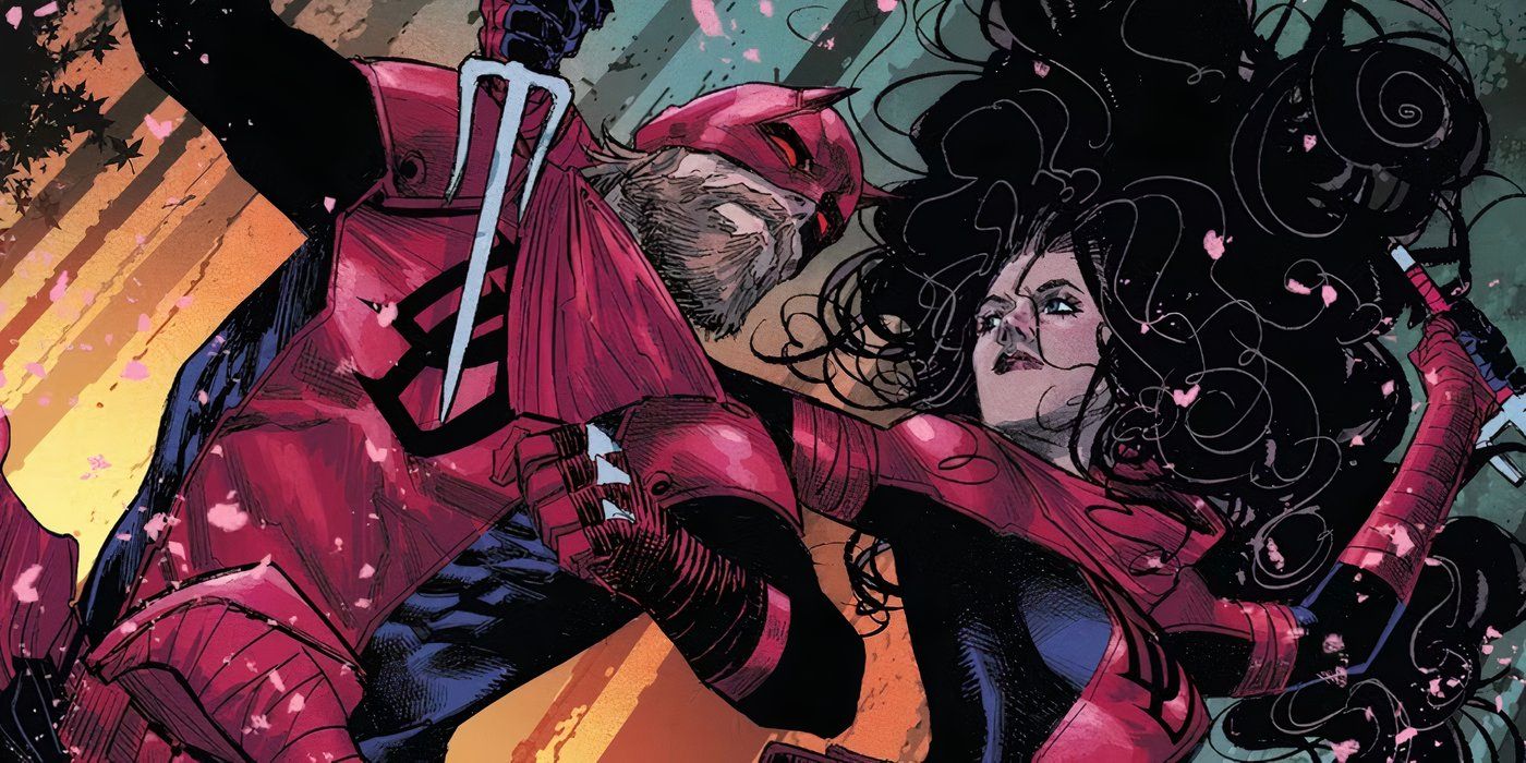Comic book art: Daredevil with long hair and beard fights Elektra who has also taken up the Daredevil mantle.