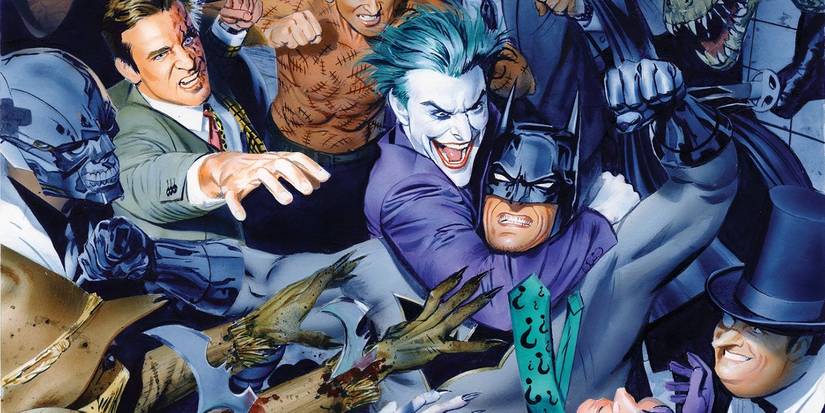 Comic book art: Gotham villains, including the Joker, attack Batman in a swarm.