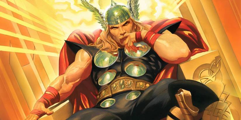 Comic book art: Thor sitting in his throne in contemplation
