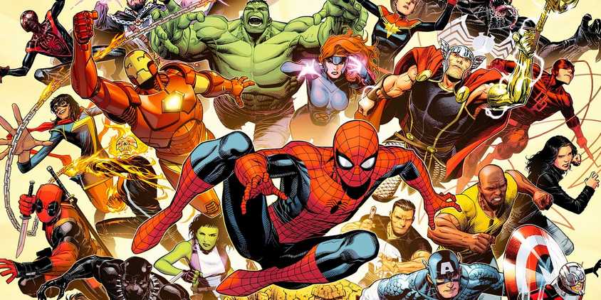 Comic book art: Marvel Universe wide shot of superheroes including various heroes from the Avengers and the X-Men