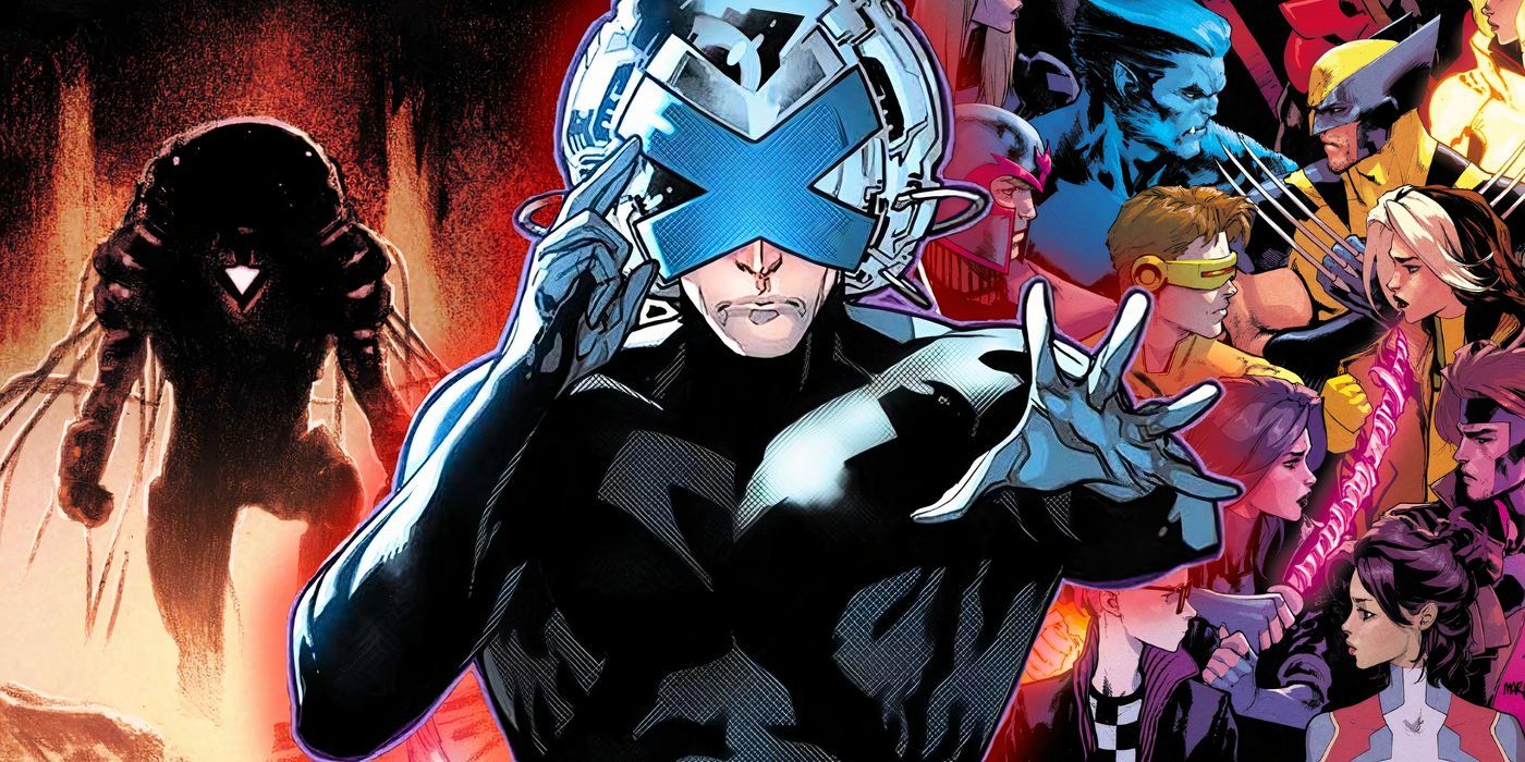 Comic book art: Professor X in front of the X-Men and a mysterious threat