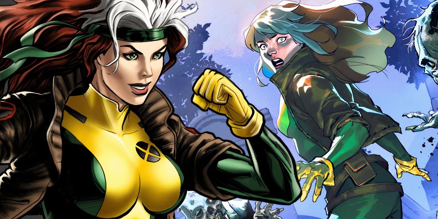 X-Men's Rogue looking determined next to Rogue looking terrified