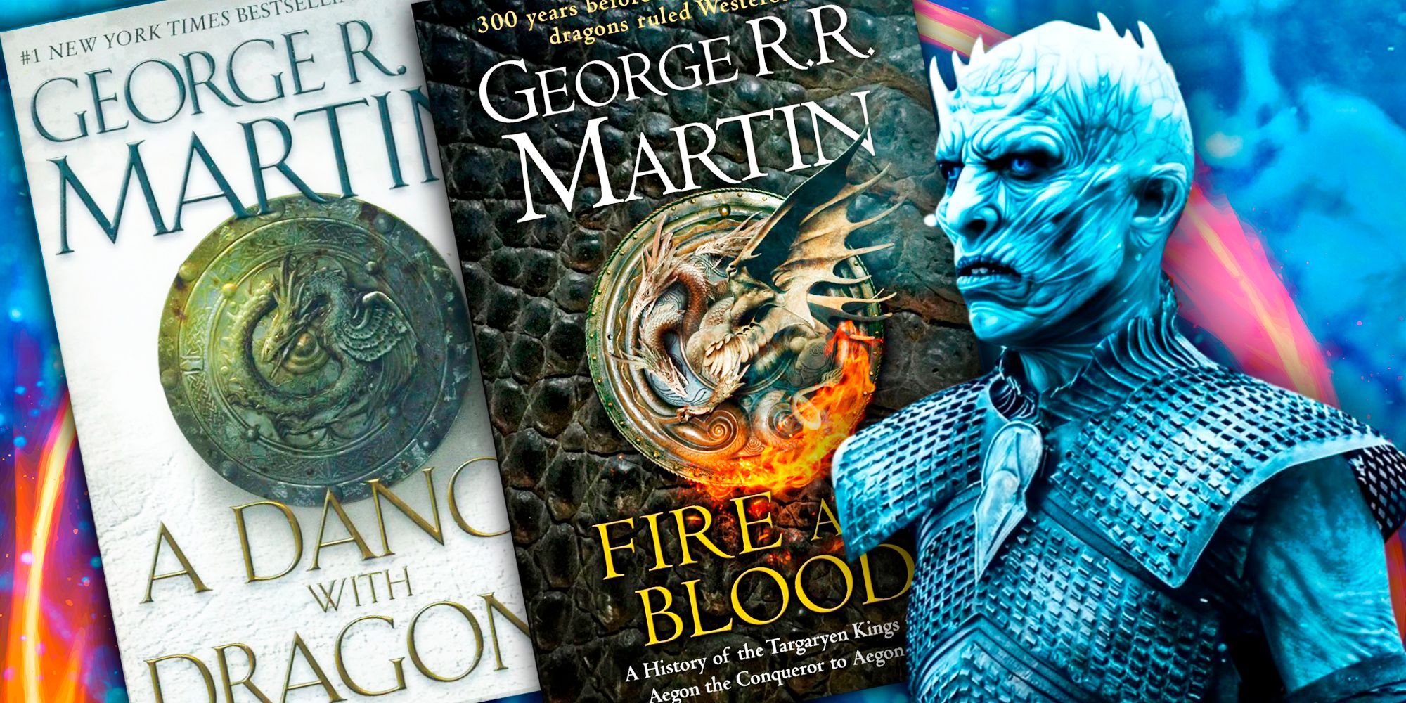 Covers of A Dance with Dragons, Fire & Blood, and the Night King from Game of Thrones