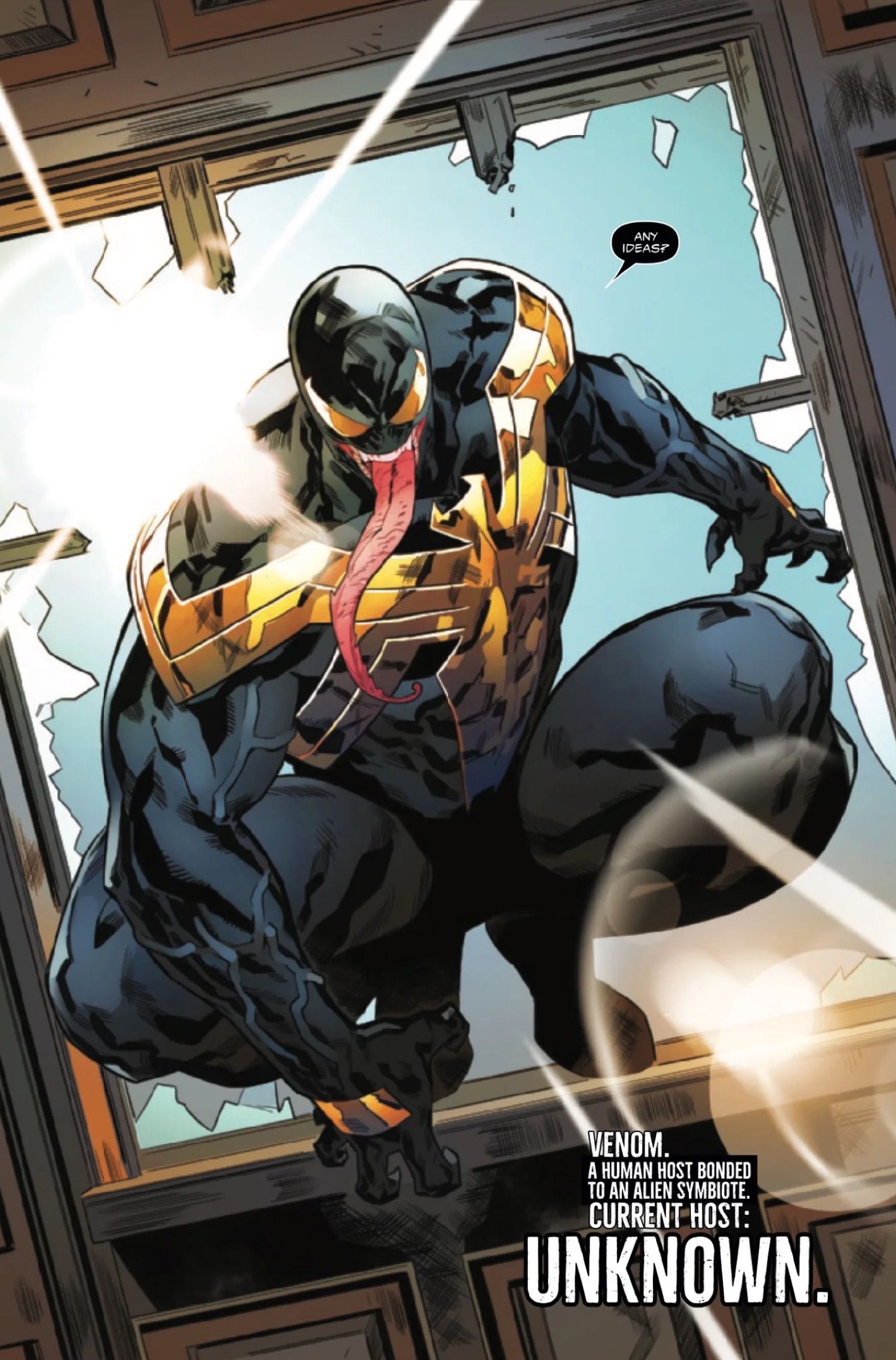 All-New Venom #1 by Ewing and Gómez - All-New Venom with golden redesign appears in broken window