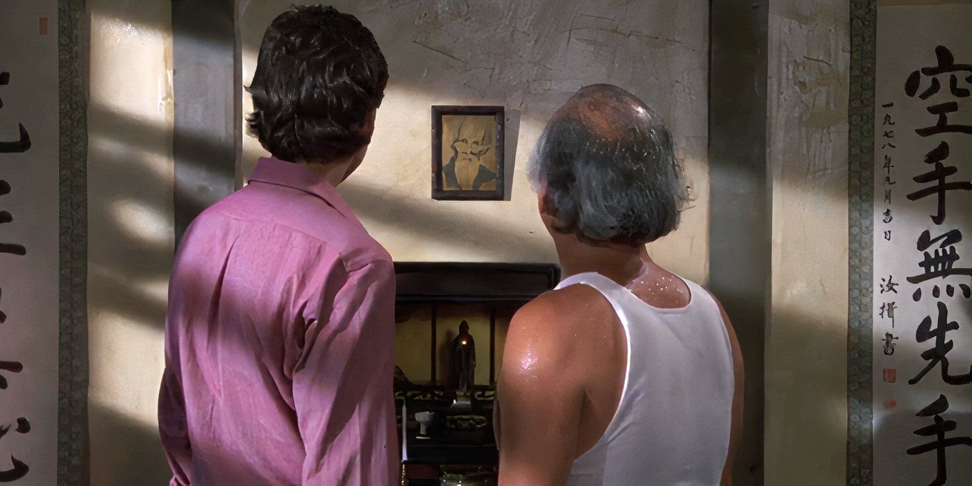 Daniel and Miyagi looking at Shimpo Sensei