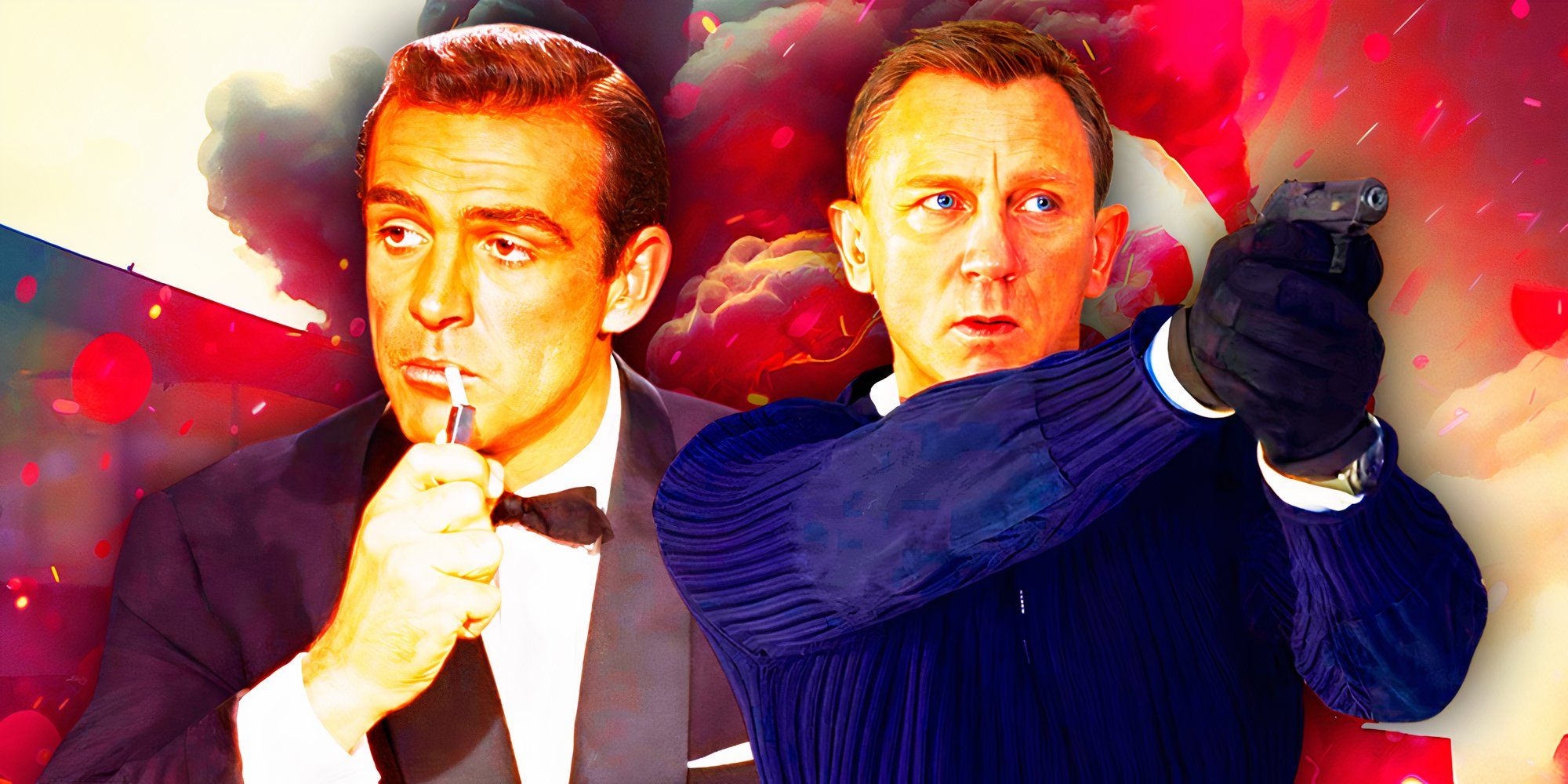 Daniel Craig pointing a gun and Sean Connery lighting a cigarette as James Bond