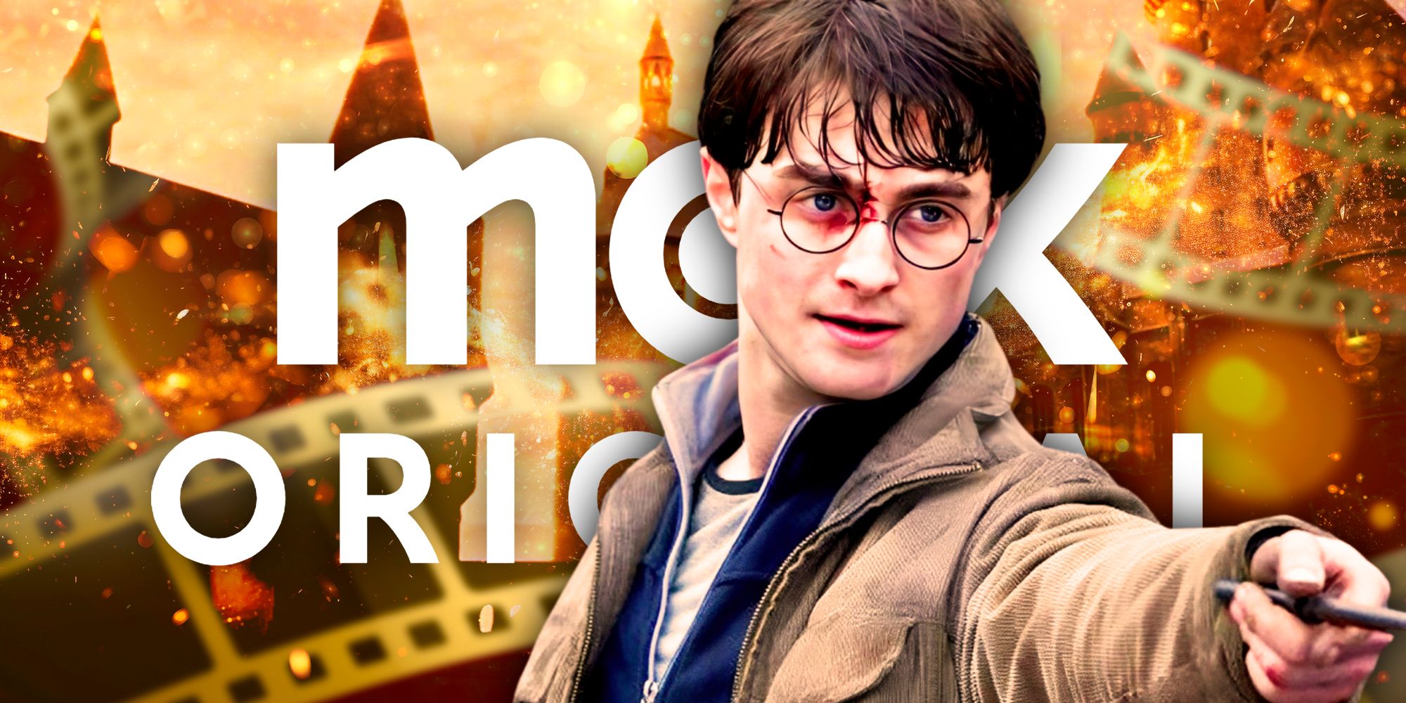 Daniel Radcliffe as Harry Potter holding his wand in front of the Max Original logo and Hogwarts