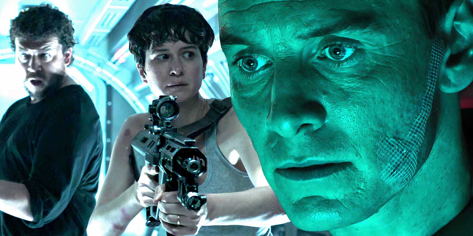 Danny McBride's Tennessee & Katherine Waterston's Daniels holding rifles and walking down a hallway and Michael Fassbender's David looking intensely in Alien Covenant
