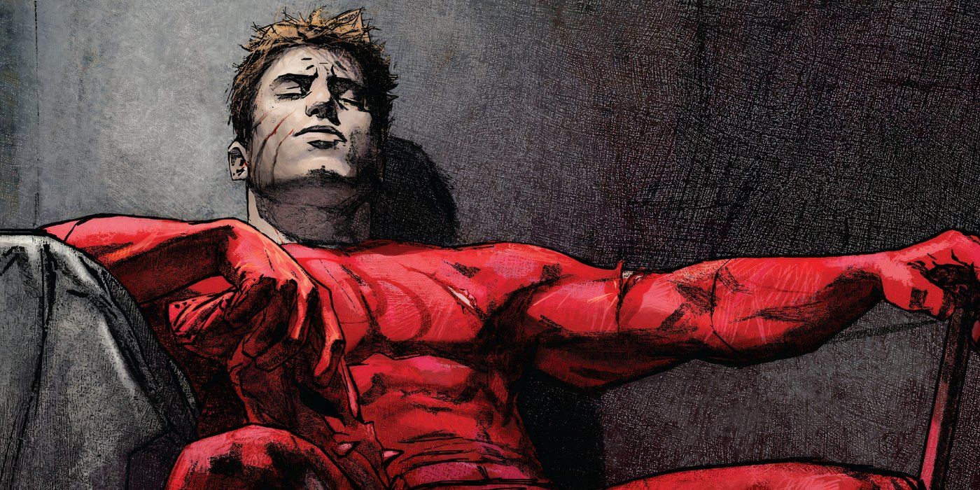 Comic art: Daredevil tilts back without your mask.