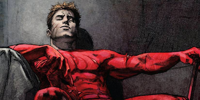 Comic book art: Daredevil leans back without his mask.