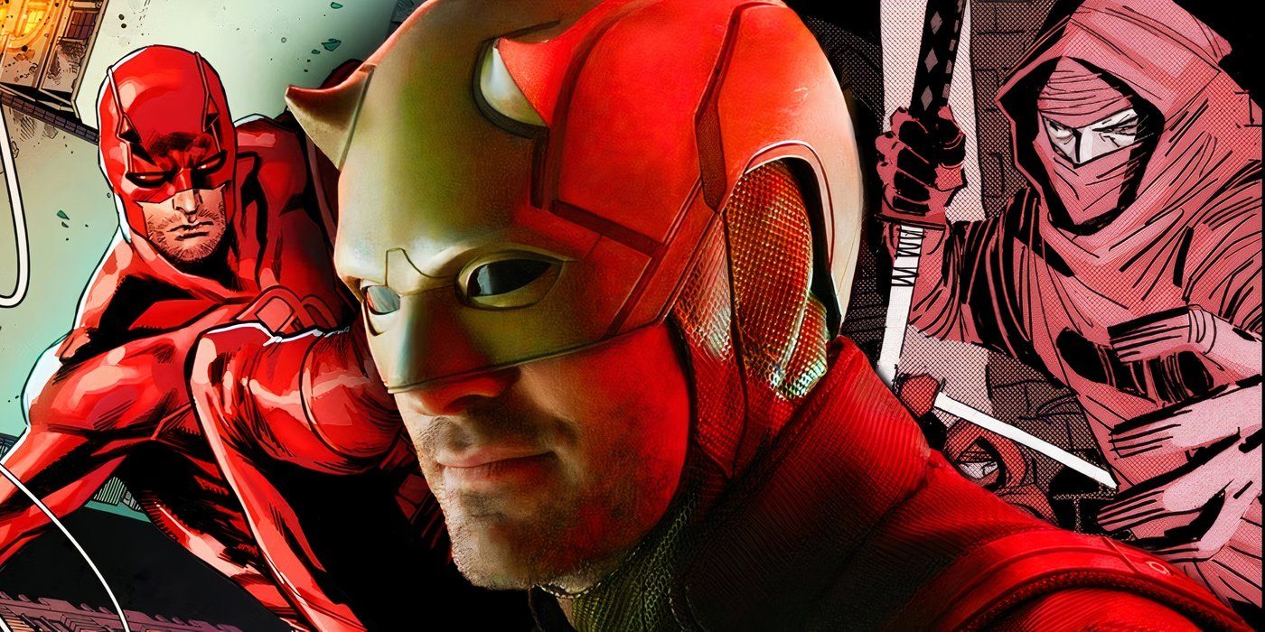 MCU's Daredevil with his Marvel Comics counterpart and a Hand ninja behind him.