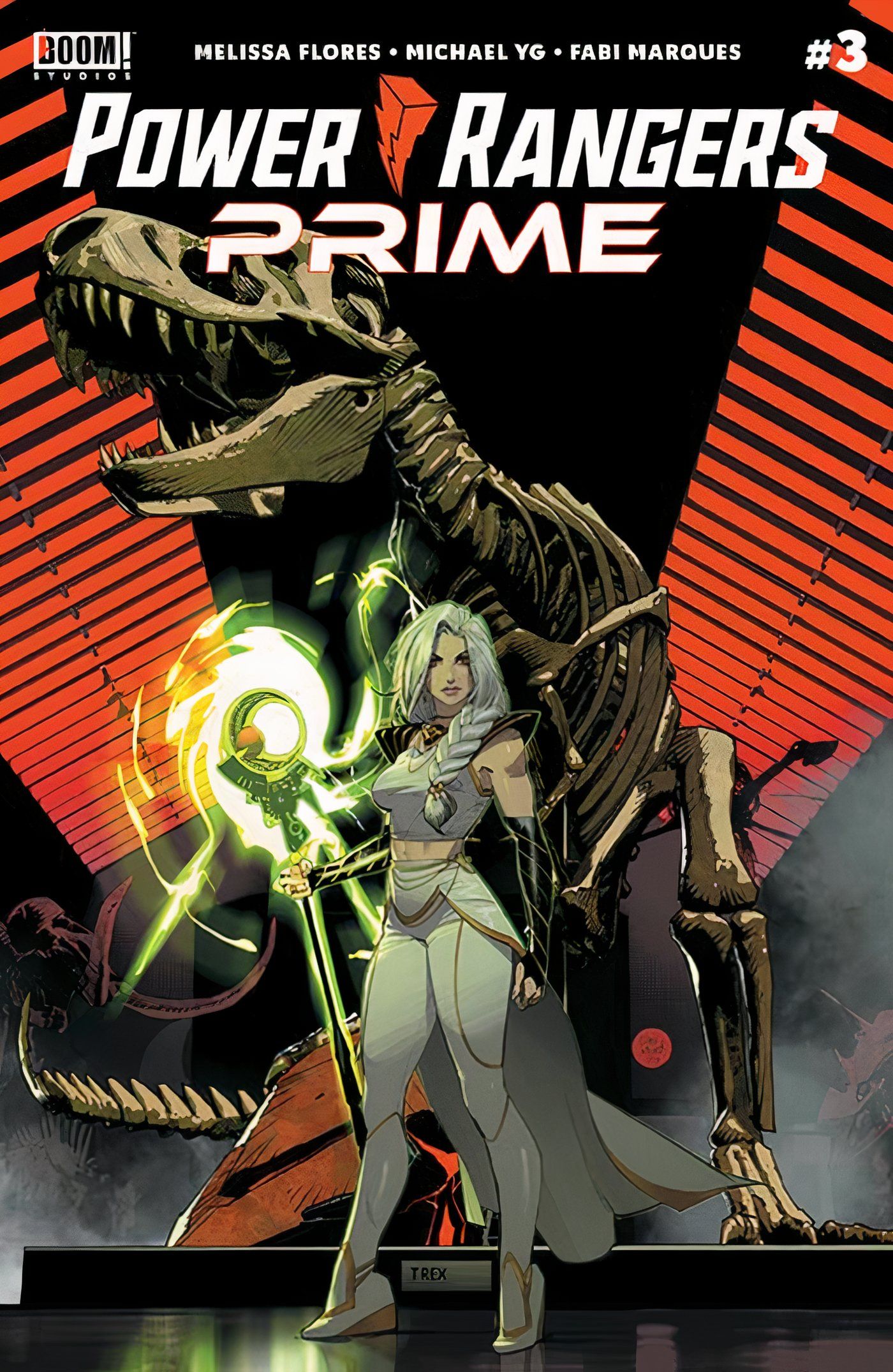 Power Rangers Prime #3 cover featuring Rita Repulsa with a dinosaur skeleton.