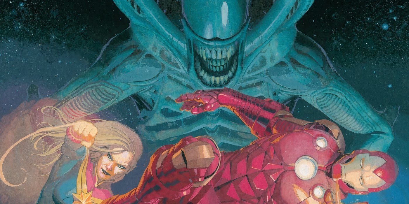 Homem de Ferro e Capitão Marvel com um Xenomorfo aparecendo atrás deles.