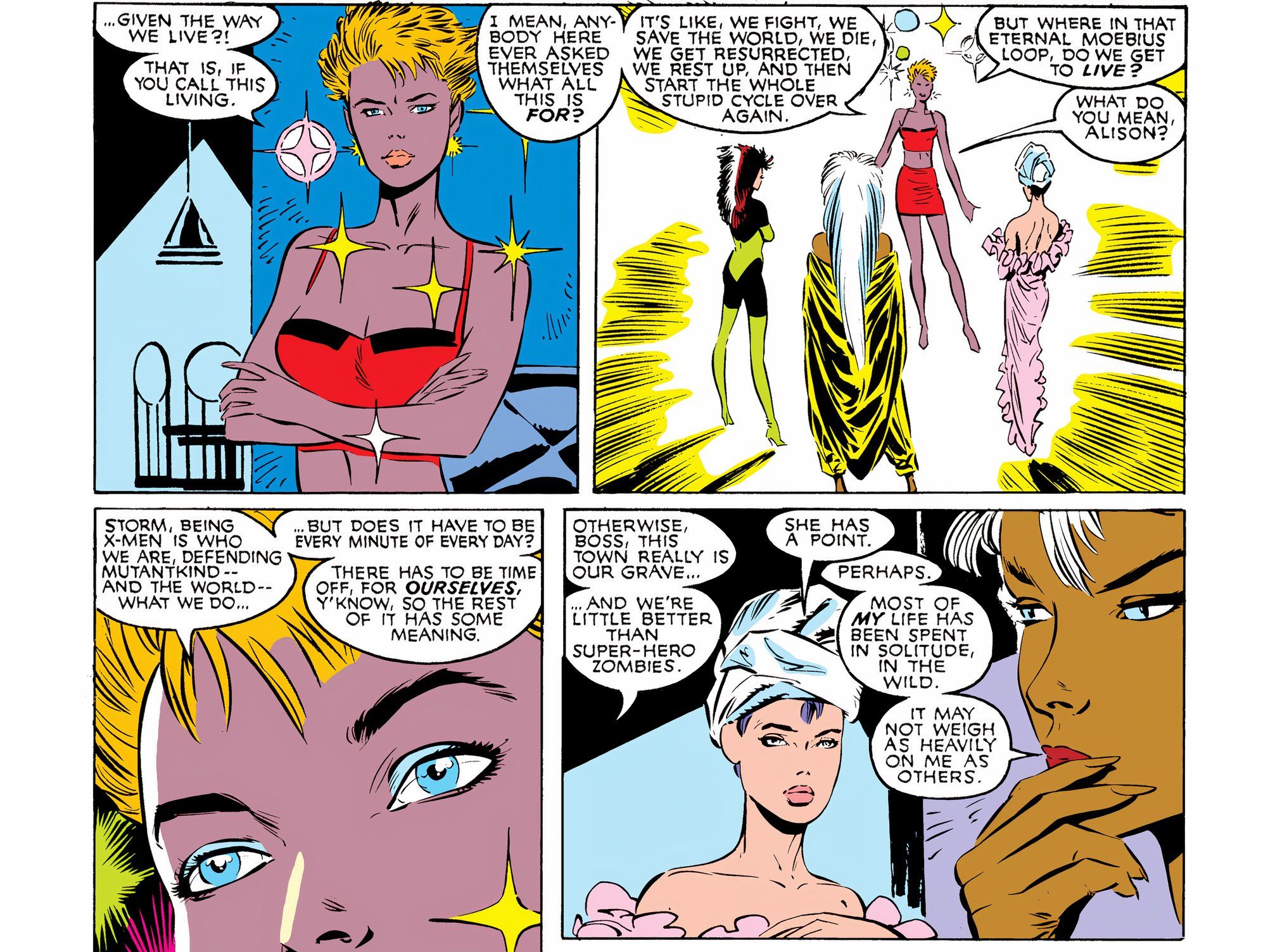 Dazzler com Storm Rogue e Betsy Braddock; ela pergunta quando os heróis mutantes poderão viver suas vidas.