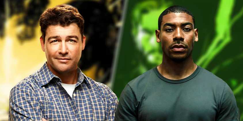Blurred artwork from the DCU's Lanterns show behind Kyle Chandler and Aaron Pierre