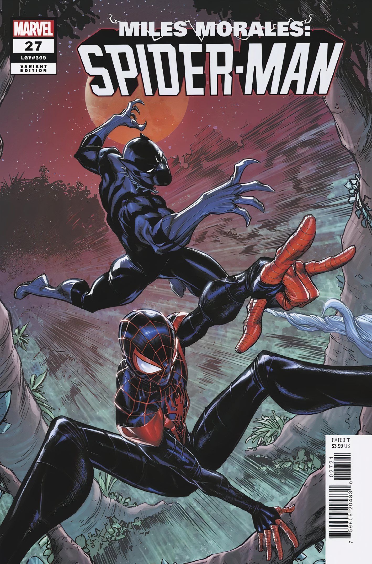 MIles Morales: Spider-Man #17 variant cover by Stefano Caselli - Miles and Black Panther swing and leap through the sky