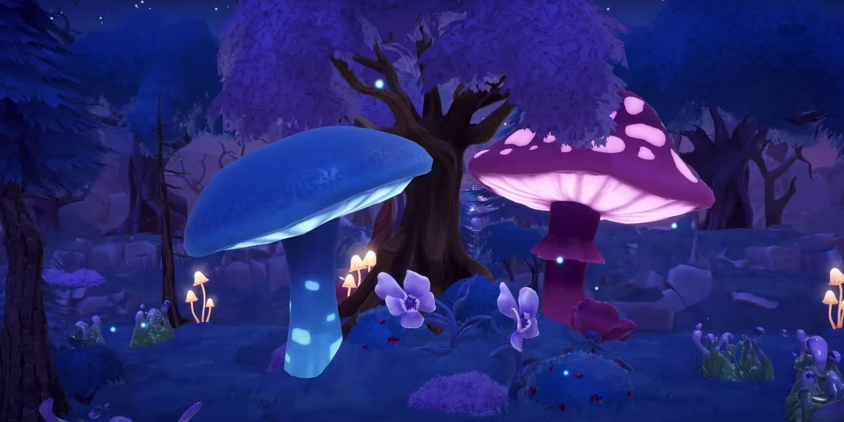 Two giant, bioluminescent mushrooms in Disney Dreamlight Valley's Everafter biome.