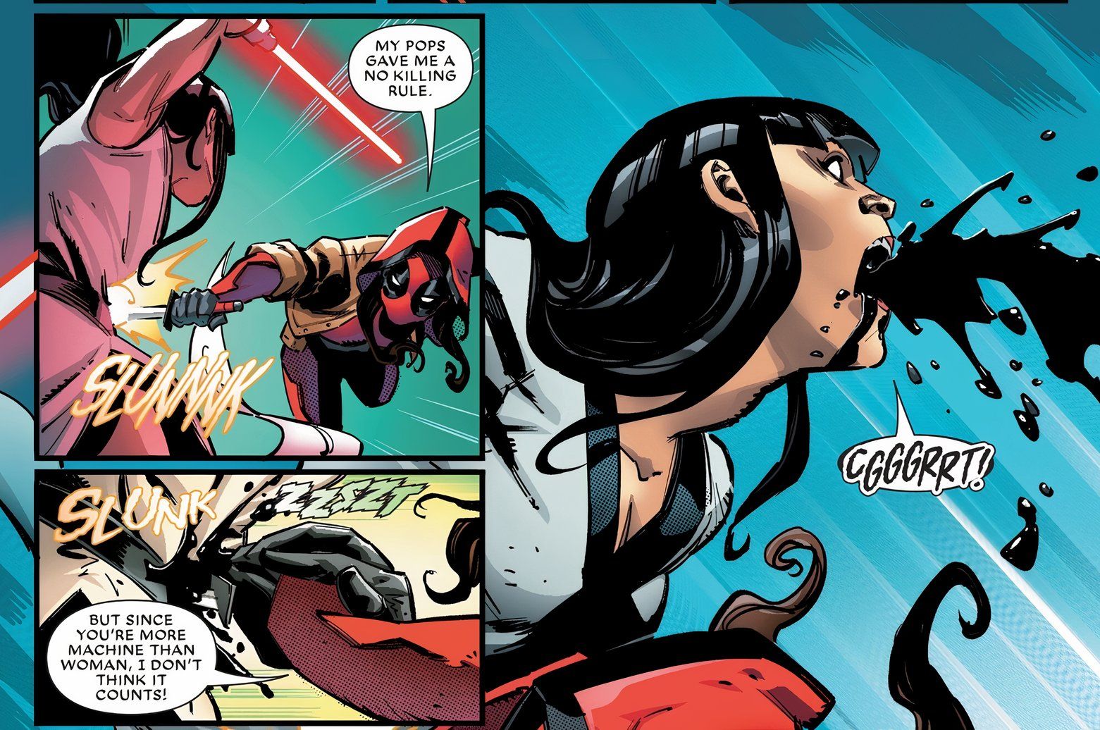 Painéis de quadrinhos: Deadpool quebra sua regra de não matar ao esfaquear a mulher-máquina Laser Fist.