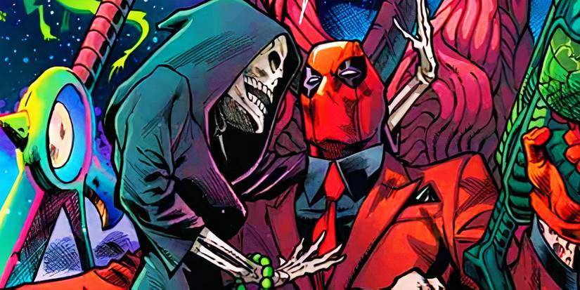 Comic book art: Deadpool embracing Lady Death in Marvel Comics